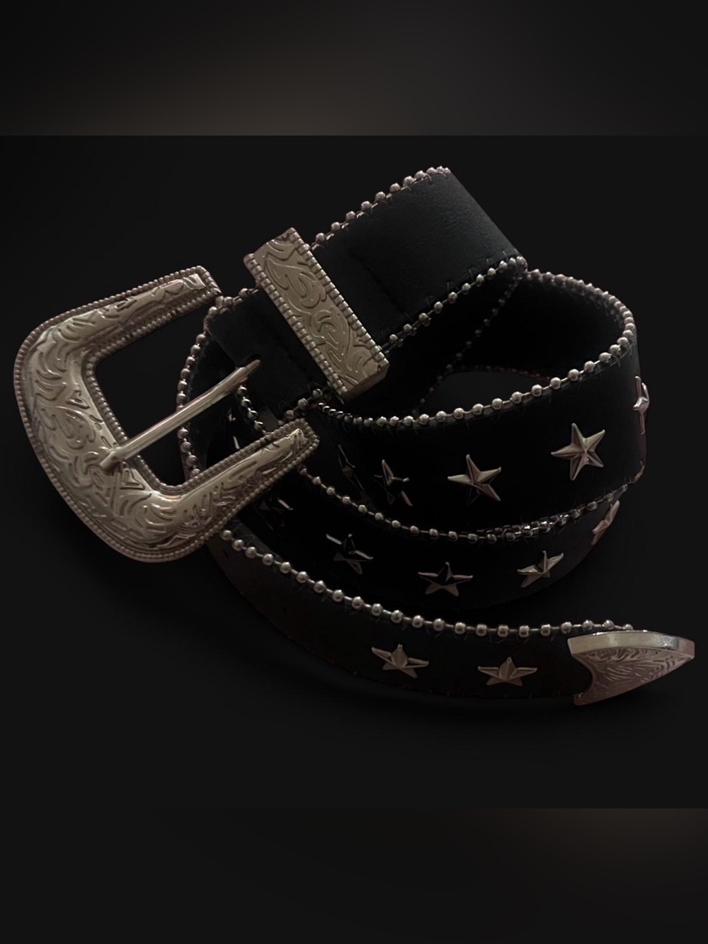 Black Star-Studded Leather Belt with Silver Buckle